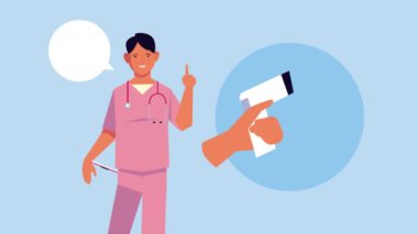 Hasta ve lazer termometre animasyonu olan profesyonel doktor.