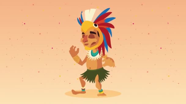 羽の帽子のアニメーションを持つ文化AZTECネイティブ — ストック動画