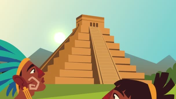 Kultura aztécká pyramida a domorodci profily animace scény — Stock video