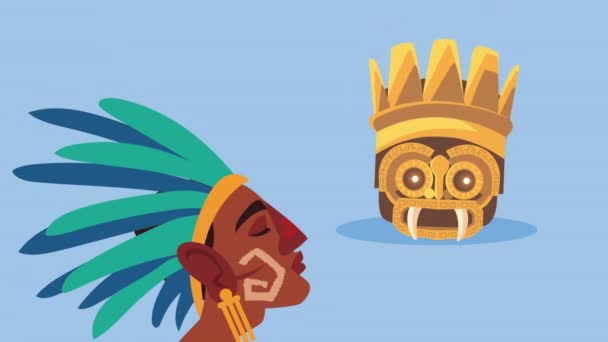 Culture aztec idol head and native profile animation — Stock Video