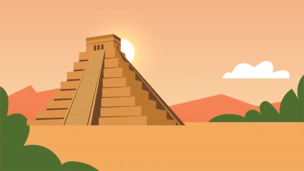 Aztec pyramid with native character scene animation — Stock Video