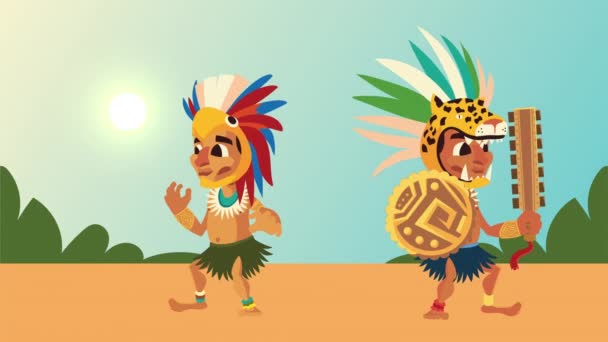 Culture aztec natives with animals hat in the camp animation — Stock Video