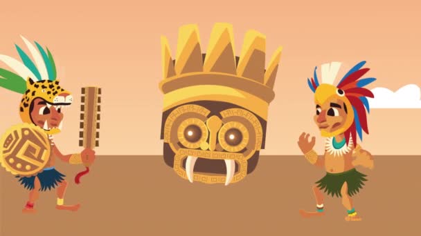 Culture aztec idol head with natives animation — Stock Video