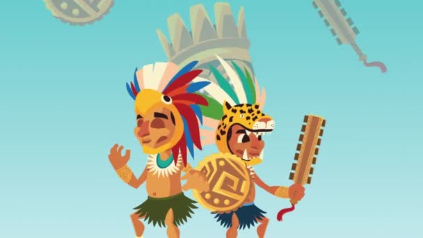 Culture aztec natives with animals hat animation — Stock Video