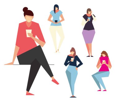 Akıllı telefonlar, insanlar ve aletler kullanan genç kadın karakterler