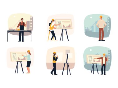 İnşaatçılar ve mimarlar seti, planlı mimari proje planlaması