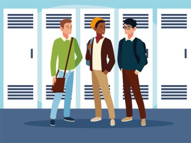 Koridorda sırt çantalı erkek öğrenciler var.