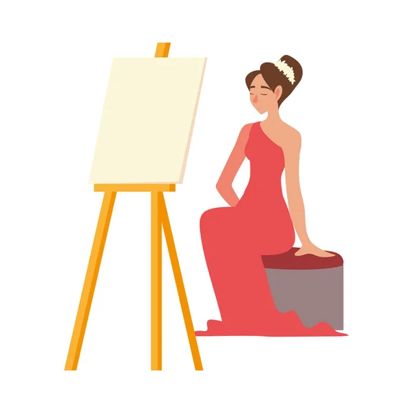 Modèle féminin assis en robe rouge avec toile sur chevalet — Image vectorielle