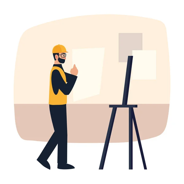 Bearded man architect working with blueprints in office — Stock Vector