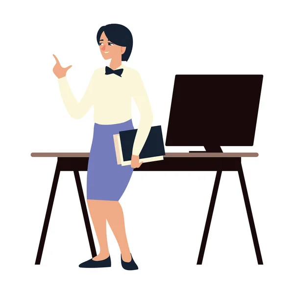 Donna d'affari con scrivania cartella e ufficio di lavoro al computer — Vettoriale Stock