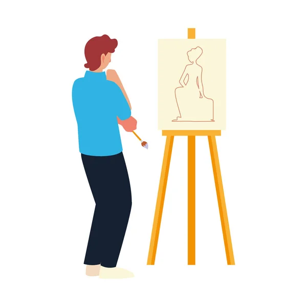 Ζωγράφος άντρας ψάχνει καμβά με γυναίκα μοντέλο, τάξη χρωμάτων — Διανυσματικό Αρχείο