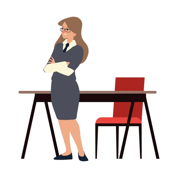 Femme d'affaires dans l'espace de travail avec bureau et chaise — Image vectorielle