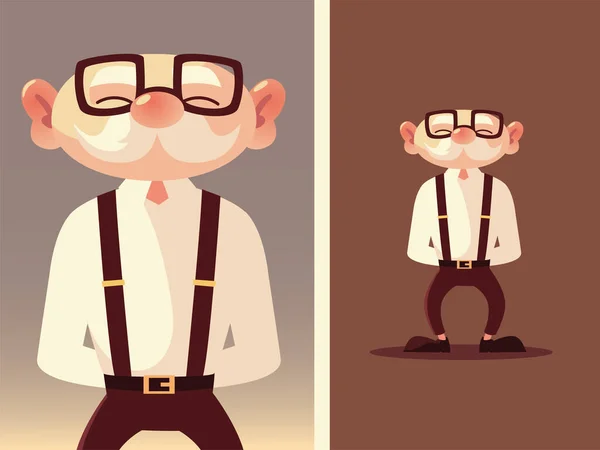 Милый старик из мультика в очках и подтяжках — стоковый вектор