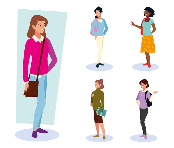 Set of university students female classmates standing with bags — Stock Vector