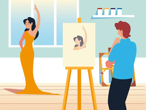 Painter man painting with brush on canvas in a studio a model female — Stock Vector