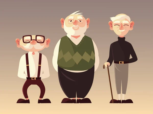 Senioren Männer Figuren Cartoon mit Brille und Gehstock — Stockvektor