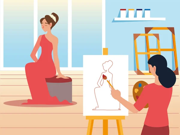 Young woman painting with brush on canvas in a studio a model female — Stock Vector