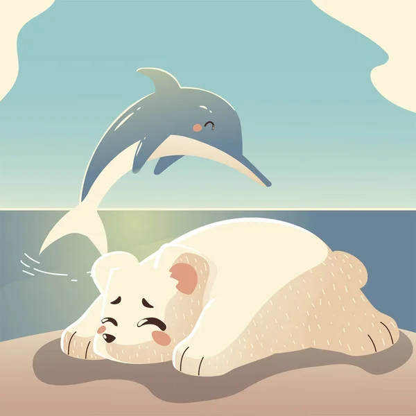 海の生き物ベクトルイラスト 海洋風景 イルカとシーガル 泳ぐことを学ぶ というスローガンを掲げたヴィンテージレトロなポスター ストックベクター C Arsvik