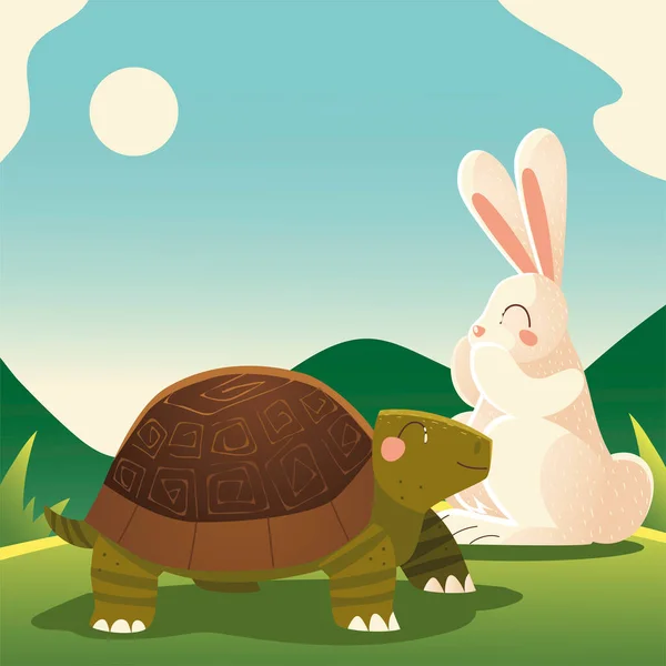 Turtle and rabbit in the grass cartoon animals — Stock Vector