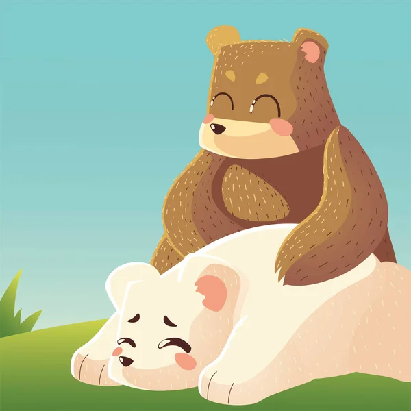 Ours mignon et ours polaire reposant dans l'herbe animaux de dessin animé — Image vectorielle