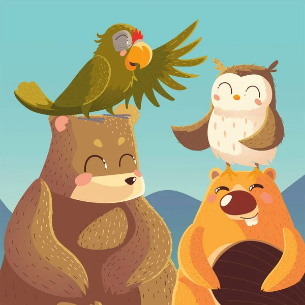 Animales de dibujos animados oso loro castor y búho fauna — Vector de stock