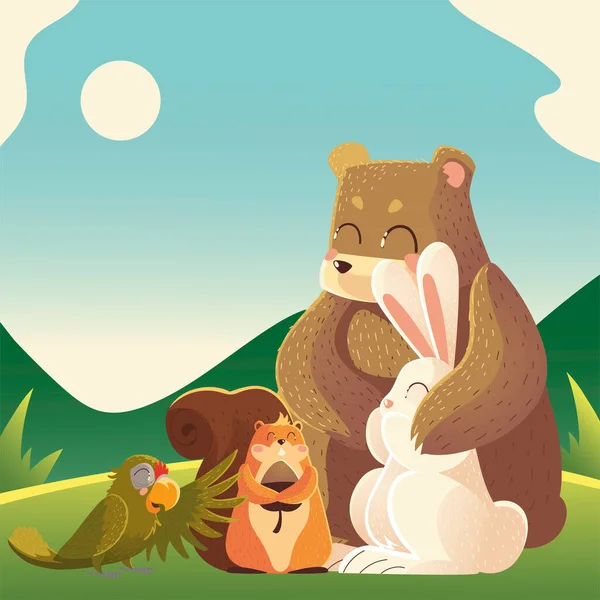 Kreslené zvířata medvěd králík papoušek a veverka v krajině — Stockový vektor