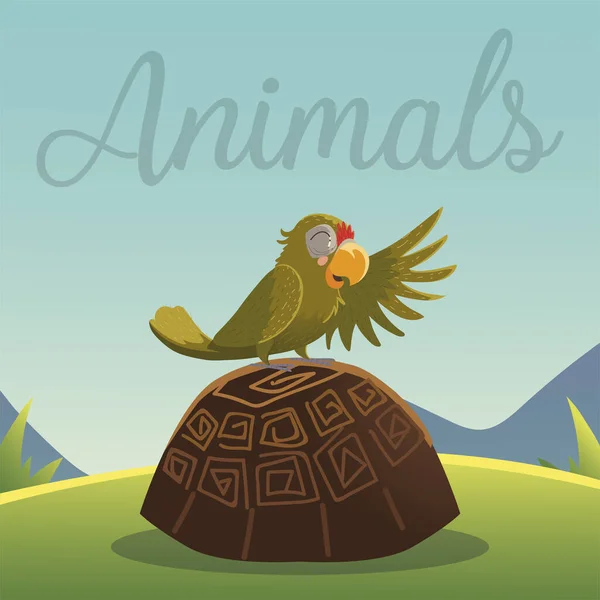 Мультяшные животные попугай на черепахе в траве природы — стоковый вектор
