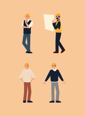 İnşaatçılar ve mimarlar, miğfer ve plan setiyle profesyonel işçi.