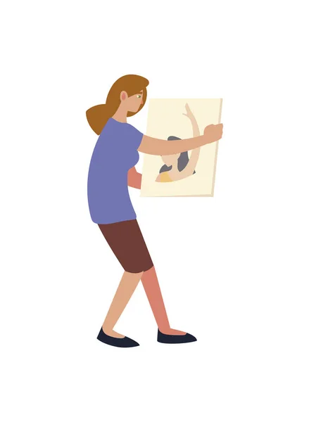 Peinture art classe, artiste peintre femme avec toile dans les mains — Image vectorielle