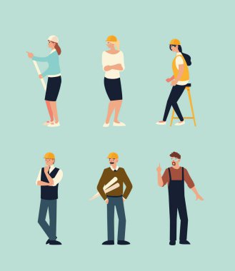 İnşaatçılar ve mimarlar seti, erkek ve kadın mimarlar profesyonel karakterler