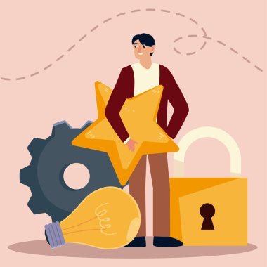 Ampul ve yıldız gibi nesneleri olan bir adam.