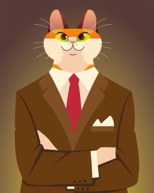 İnsanlar hayvan gibi, portre yüzlü kedi şık giyinmiş.