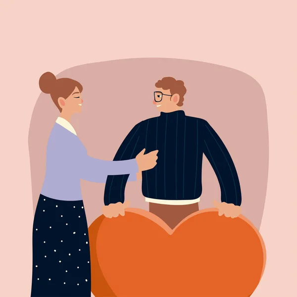 Femme et homme avec coeur énorme amour design romantique — Image vectorielle