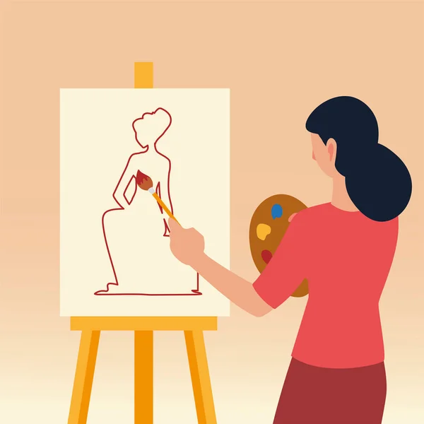 Paint class art, woman student painting sketching female model — Stock Vector