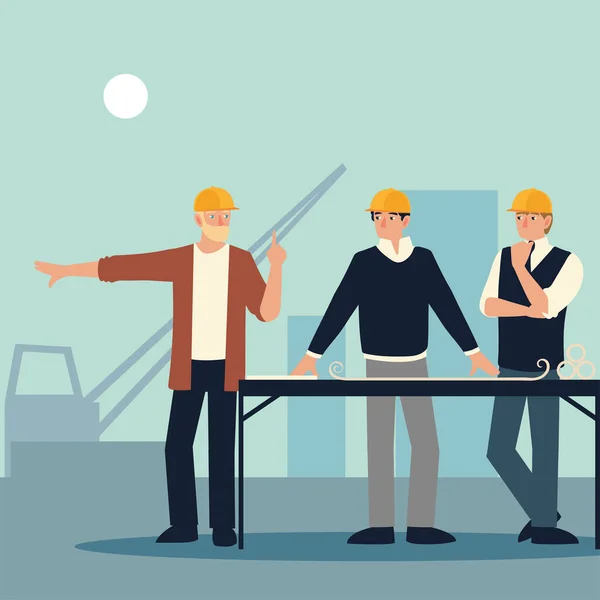 Grupo de hombres arquitecto con plano en el lugar de trabajo — Vector de stock