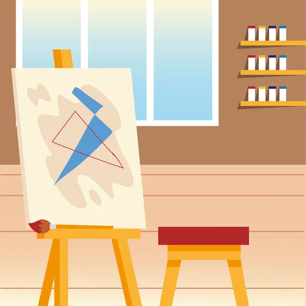 Clase de pintura estudio de arte con pincel de silla de caballete de lona — Vector de stock