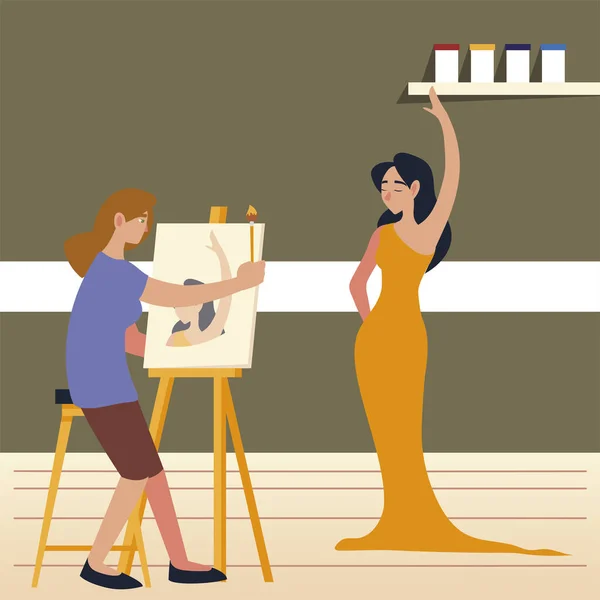 Peinture classe art, fille assis peindre un modèle féminin dans le studio — Image vectorielle