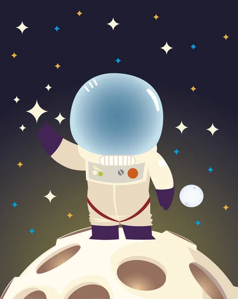 Vesmírný astronaut s oblekem a helmou stojící na Měsíci karikatury — Stockový vektor