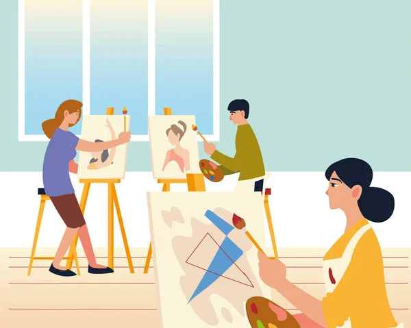 Clase de pintura, gente pintando, dibujando y haciendo obras de arte — Vector de stock