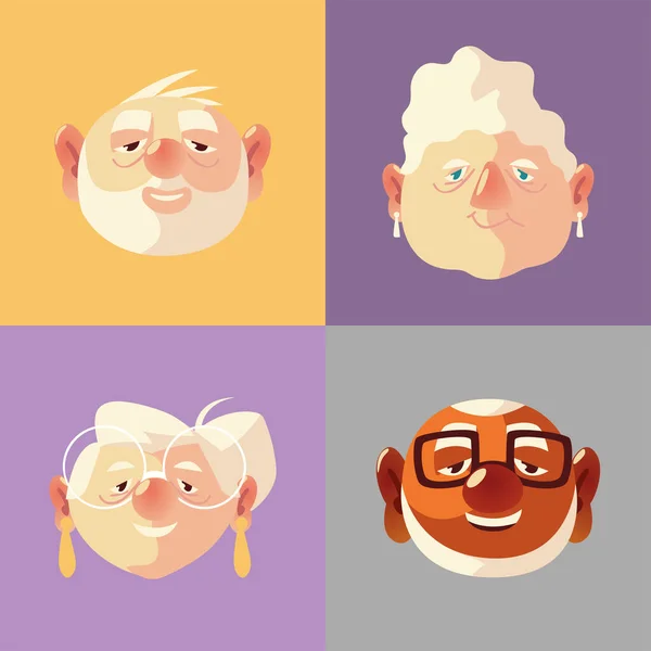 Senioři, tváře starší dědečci a babička kreslené — Stockový vektor