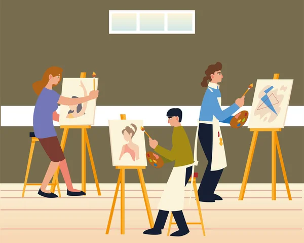 Peinture classe, hommes et femmes peinture sur toile au chevalet — Image vectorielle