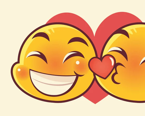 Emoji visages expression drôle baiser et réactions d'amour sur fond de coeur — Image vectorielle