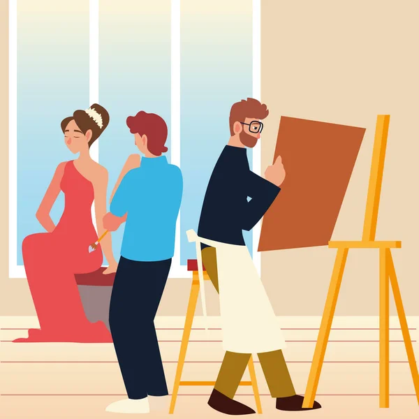 Pintar classe arte homem com tela e estudante menino olhando um modelo feminino — Vetor de Stock