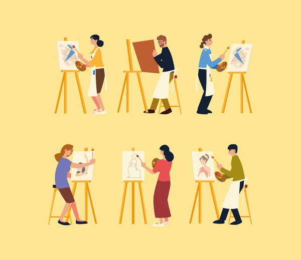 Personas en clase de pintura con pincel de tela de caballete y color de pintura — Vector de stock