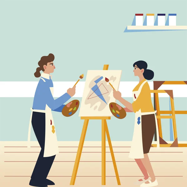 Paint class art, man and woman students with apron and abstract picture in the studio — Stock Vector