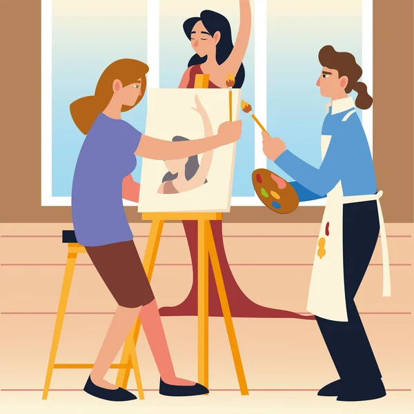 Paint class art, teacher man and student woman painting a female model — Stock Vector