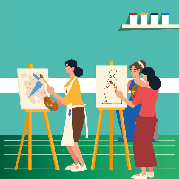 绘画课上的艺术，画室里的女画家，抽象派女画家和女画家 — 图库矢量图片