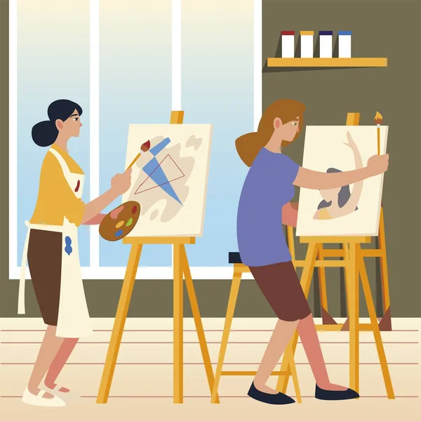 Pintura arte de clase, estudiantes mujeres pintura sobre lienzo en el estudio — Vector de stock