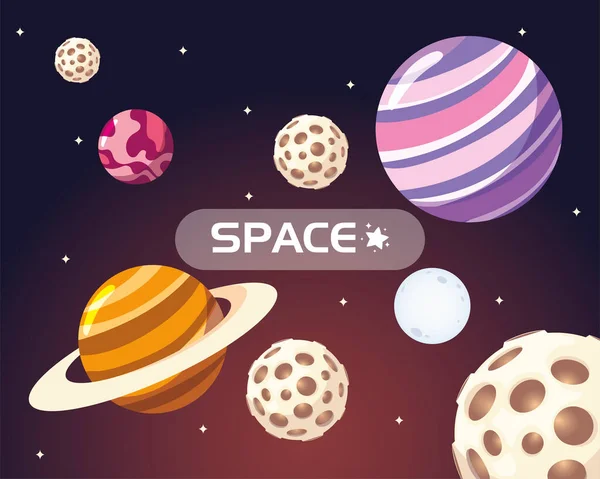 Espace galaxie système solaire lune planètes et étoiles dessin animé — Image vectorielle