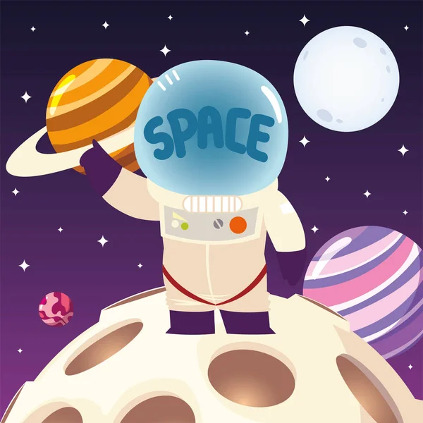 Astronauta espacial con casco en el planeta Luna dibujos animados del sistema solar — Vector de stock